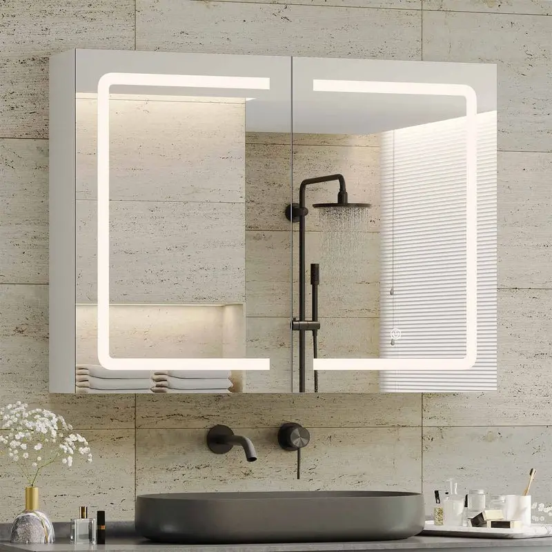 [SummerSale] Sikaic Medicine Cabinet with Mirrors and Storage, Wall Mounted Bathroom Mirror Cabinets with Led Lights, Double Doors Mirror Lighted Medicine Cabinets with Adjustable Storage Shelf, Home Furniture, Dorm Essentials