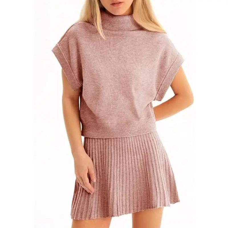 Imily Bela Womens Skirt 2 Piece Sets Sweater Set Turtleneck Cap Sleeve Crop Top and Pleated Mini Skirt Travel Outfits