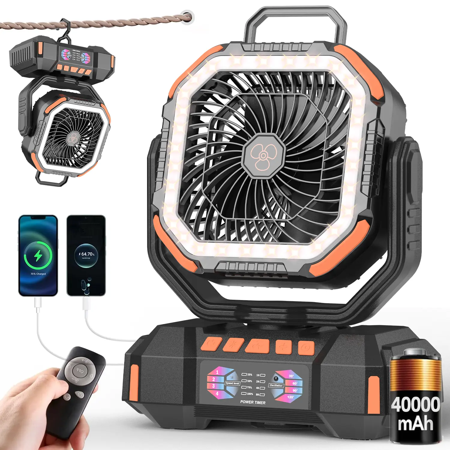 Camping Fan - 40000mAh Battery Powered Fan Battery Operated Rechargeable Portable Outdoor Tent Fans with Hanging Hook, Cordless, 4 Speeds, Remote Control