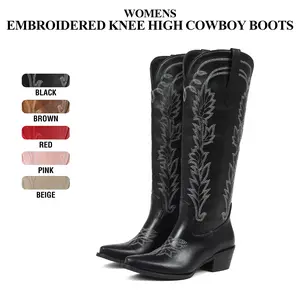 CYNLLIO Womens  Knee High Cowboy Country  Boots Snip Toe Chunky Block Heels Pull On Comfy Classic Embroided Half Side Zipper Fashionable Holiday Outing Dating Walking Party Casual Riding Club Disco Dress Spring Summer Wide Calf Western Desert Clay Boots