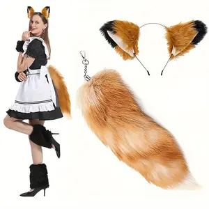 Wolf Costume Set with Fake Fur Tail and Clip-On Ears, Halloween Role-Play Gear, Cat Wolf Fox Ears, Fluffy Tail, Party Accessories, Costume Prop