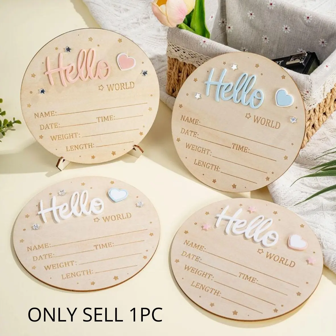 Hello World Birth Announcement Sign Star Heart 3D Decorative Decor Milestone Display Photo Plaque, Real Wooden Wood Stand, Kids Room Decoration Photo Prop Gift, Home Decor, Milestone Signs, Aesthetic Room Decoration