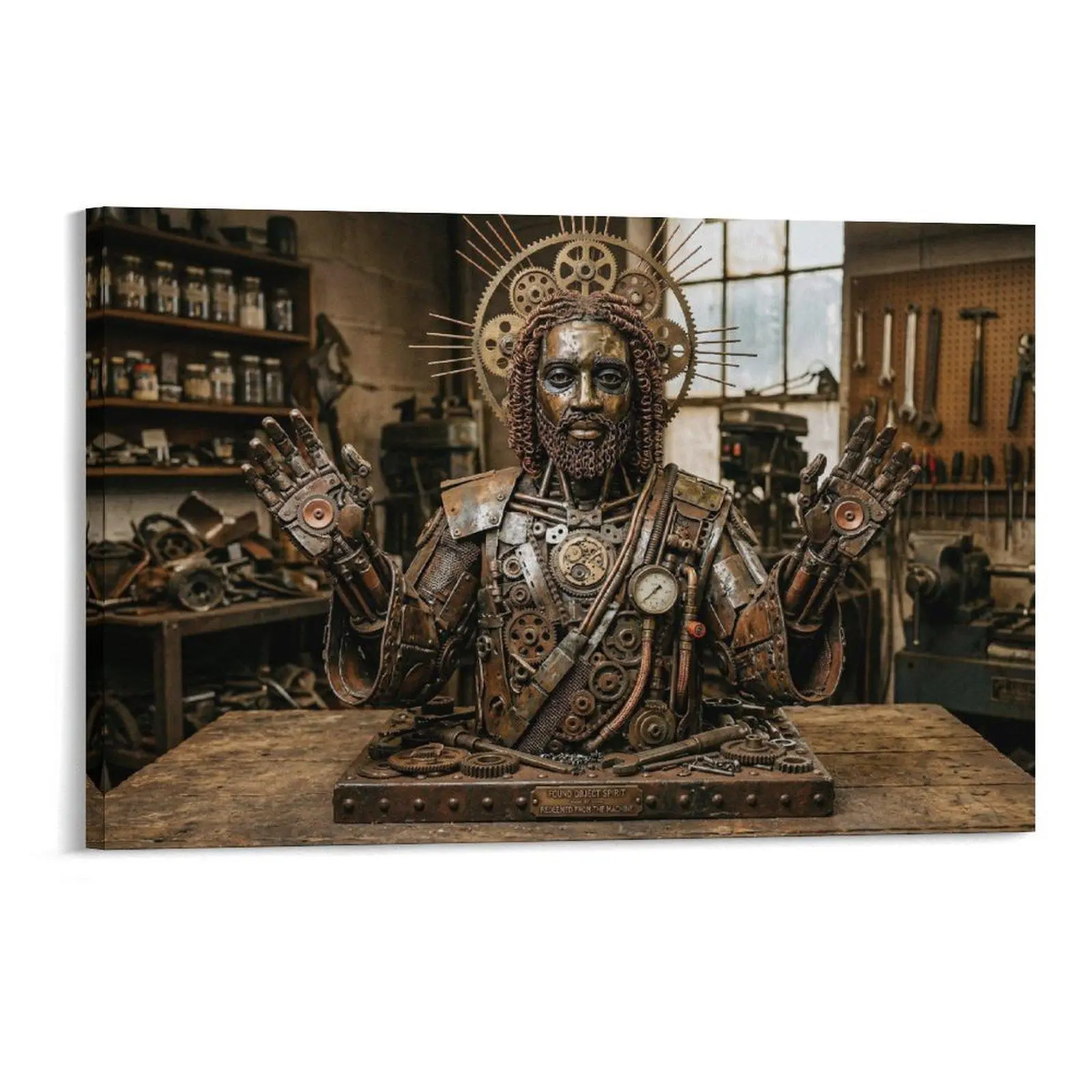 Handmade Bronze-Toned Recycled Metal Religious Steampunk Jesus Figurine - Gear-Equipped Halo, Mechanical Hands, Industrial Decor for Indoors, Figurines & Miniatures Home Decor Piece