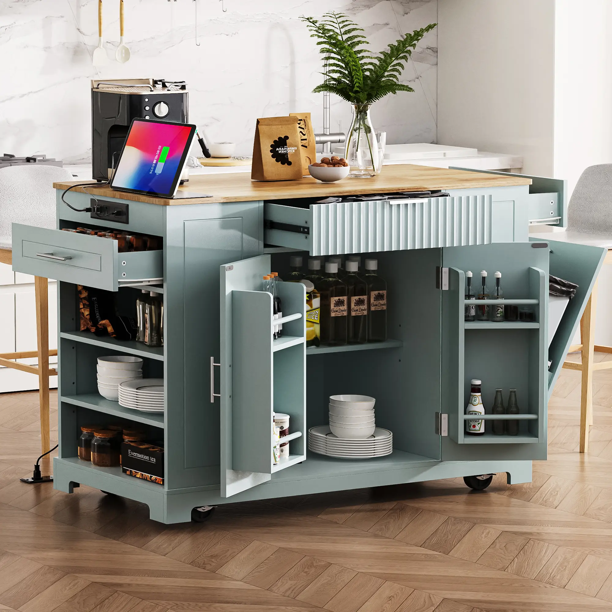 Space-Saving Kitchen Island Cart Multi-Functional Roll-Out Floor Cabinet with Trash Can Storage, Power Outlet, 5 Wheels, 3 Drawers, 3 Open Side Racks, Internal Compartment – Fits 10 Gal Bin, Multi-Functional Floor Cabinets, Roll-Out Floor Cabinets
