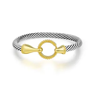 Mytys Cuff Bracelets for Women Two Tone Twisted Silver Wire Cable Bracelets Vintage Mixed Metal Stainless Steel Bracelet Jewelry Gift (Hook Clasp)