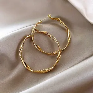 Golden Twisted Pattern Hoop Earrings Elegant Simple Style Iron Jewelry Daily Wear Accessories Trendy Female Gift gold hoop