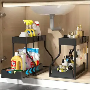2-Tier Sliding Pull Out Under Sink Storage Organizer, Height Adjustable Plastic Storage Shelf with Drawers, Multi-Purpose Rack for Kitchen Bathroom Cleaning Supplies Organization