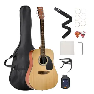 VEVOR 41-in Dreadnought Acoustic Guitar, 6-String Adult Size with Natural Solid Spruce Top, Rosewood Fingerboard, Warm Sound, Beginner Gig Bag Set (Built-in Tuner, Strap, Strings, Picks, Capo) for Taller Adults