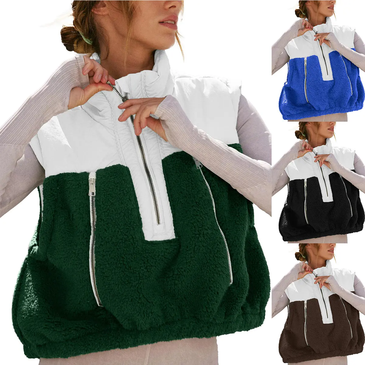 Ommig Fleece Vests for Women Half Zip Up Sleeveless Quilted Jacket Crop Puffer High Neck Vest Lightweight Comfort Casual Padded Coat Outwear Womenswear Patchwork Soft Tops, Fitted, Lightweight Women's Vests