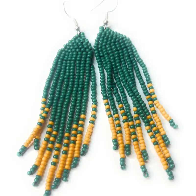 Alili Green  & Orange Fringe A  Beaded Extra Large Drop Earrings with Fringe Design