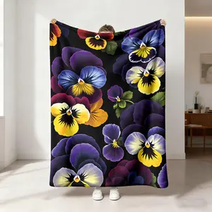 1 piece pansy blanket with black background Colorful iris oil painting printed flannel blanket is skin-friendly, soft and machine-washable. Suitable for office and home. Suitable for all seasons. Sofa blanket. Bed blanket.