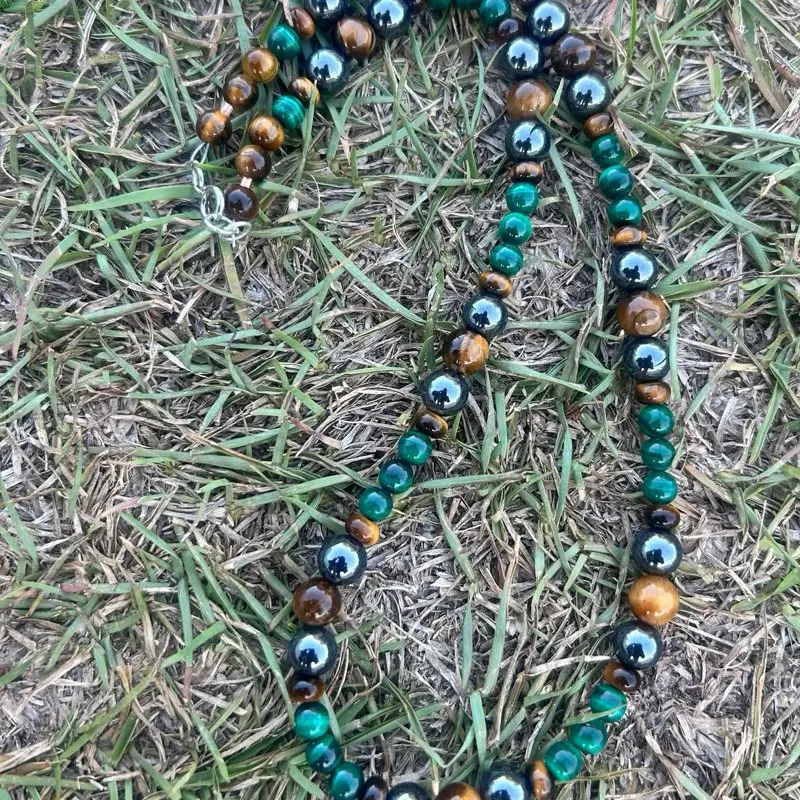 Malachite Tiger Eye Hematite Beaded Necklace Set (6–8mm) | Handmade Gemstone Necklace with Matching Bracelet | Unisex Jewelry