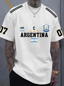 Men's Minimalist T-Shirt, Street Social Casual Daily Wear, Argentina Logo, Number 07, Star Print, Short Sleeve, Loose Fit