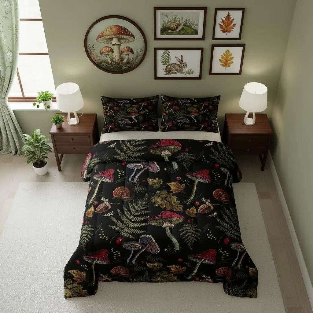 Wild Mushroom Comforter Set for Kids,Burgundy Plant Fallen Leaves Bedding Set,Teens Cute Room Decor,Embroidery Snail Print Comforter with for All Seasons