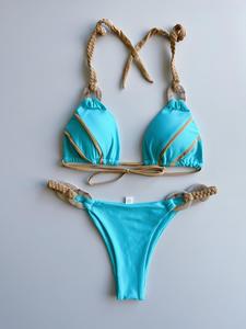 two-piece set women's colorblock halter neck bikini set, casual fashion chic swimsuit for beach holiday vacation, ladies swimwear for all seasons