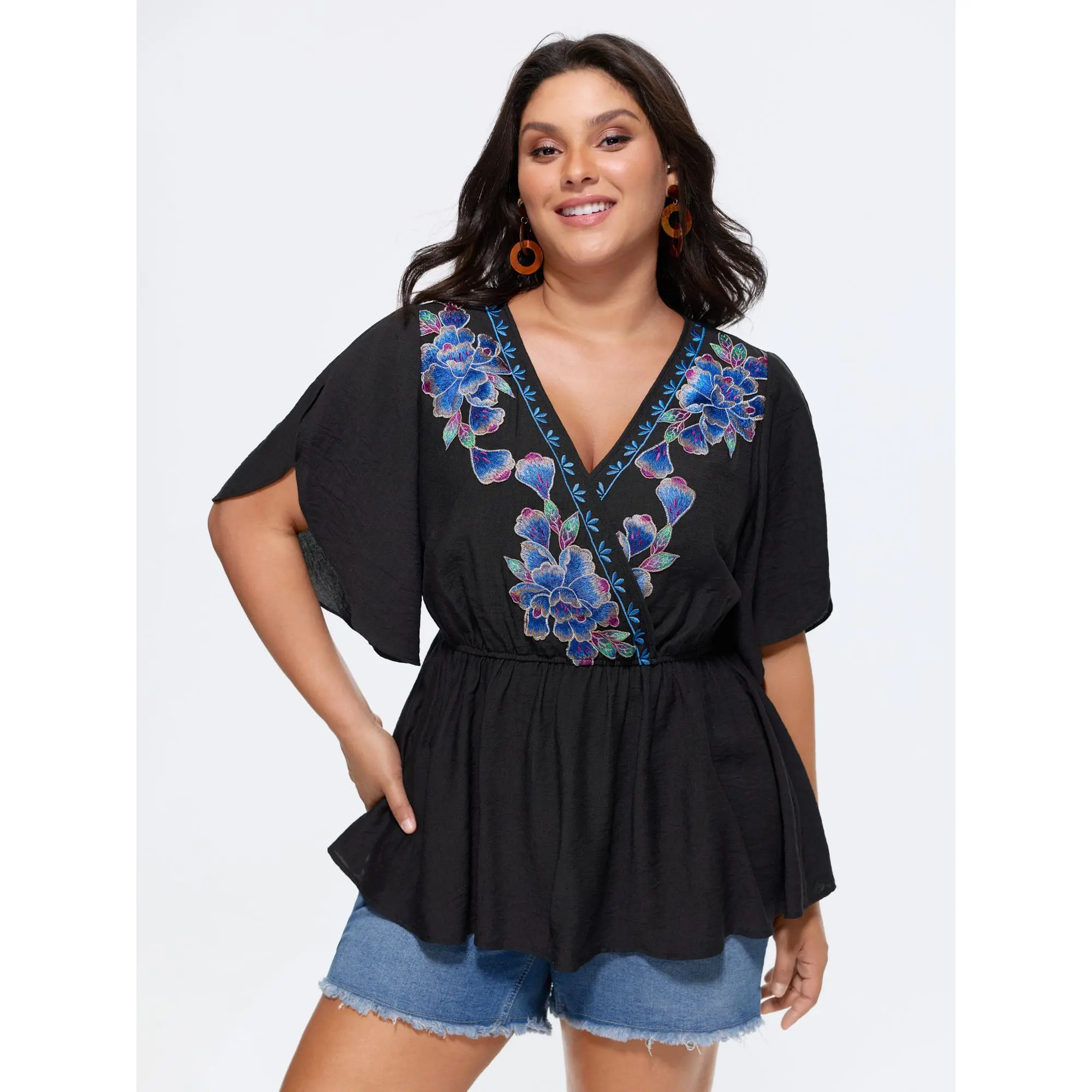 BLOOMCHIC Women's Plus Size Short-Sleeve Floral Print Embellished Embroidered Wrap Neck Blouse [M-6X] 2026 Spotlight, Summer Wear, Daily Deals, Smooth Polyester, Shortsleeve, Fabric, Garment, Nylon, Hand-Embroidered Floral Blouses & Shirts, Embroidered Ru