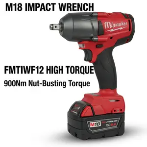 Milwaukee M18 FMTIWF12 18V 1/2 Inch Impact Wrench 900Nm for Heavy Duty Work tool kit set Cordless Drill Household Multi-Function Electrician machine power brushless automotive repair diy garage use great gift workshop heavy-duty task