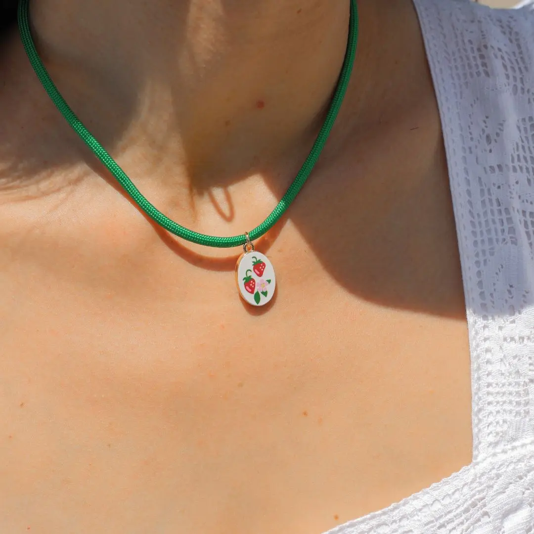Strawberry Hand Painted Enamel Charm Necklace
