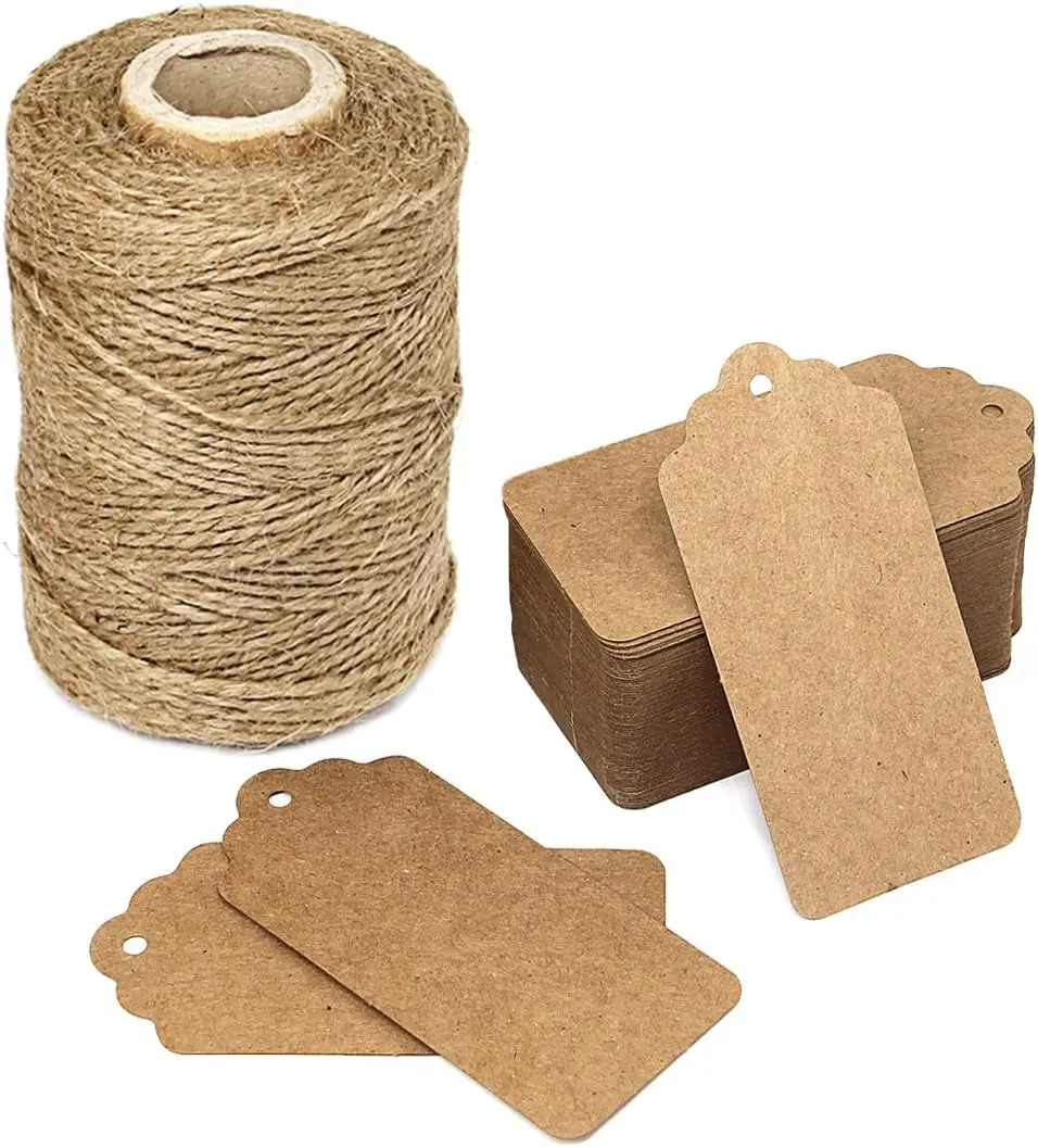 600 Feet Natural Jute Twine and 100PCS Brown Rectangle Kraft Paper Gift Tags for Crafts & Price Tags Labels for Crafts, Art, Gardening Plants, Gift Wrapping, Decoration, Packing String