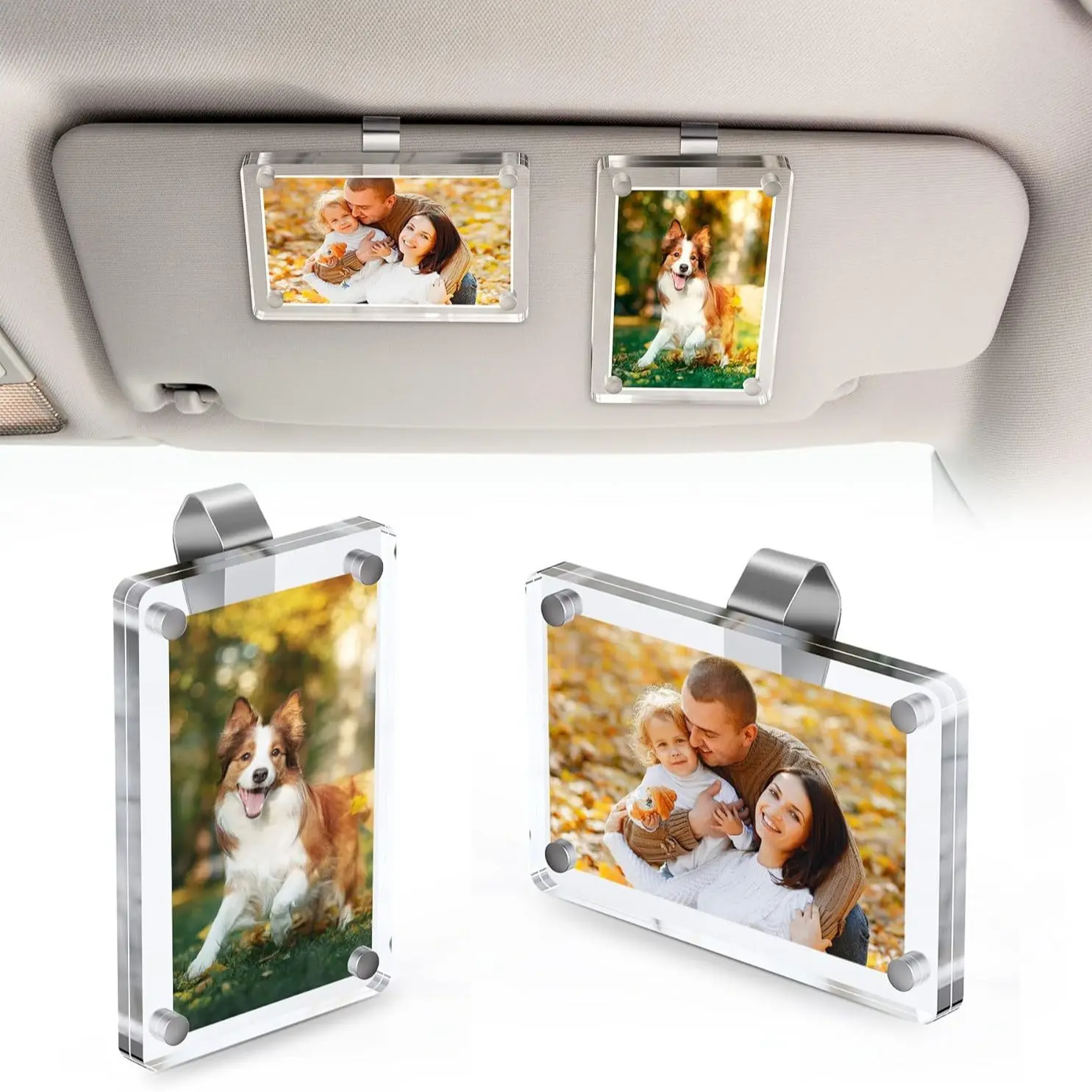 2-Pack Compact Clip-On Magnetic Acrylic Photo Holders - Wallet-Size/Instax Mini Frames, Car Interior Accessories for Sun Visors, Fridge Photo Spots, Couple Gifts for Adults, Cars, Fits Instax Mini