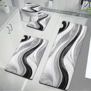 3pcs/4pcs Gray Marble Pattern Bathroom Mat Set Toilet Lid Mat And Rug Bathroom Decor U-Shaped Foot Mat