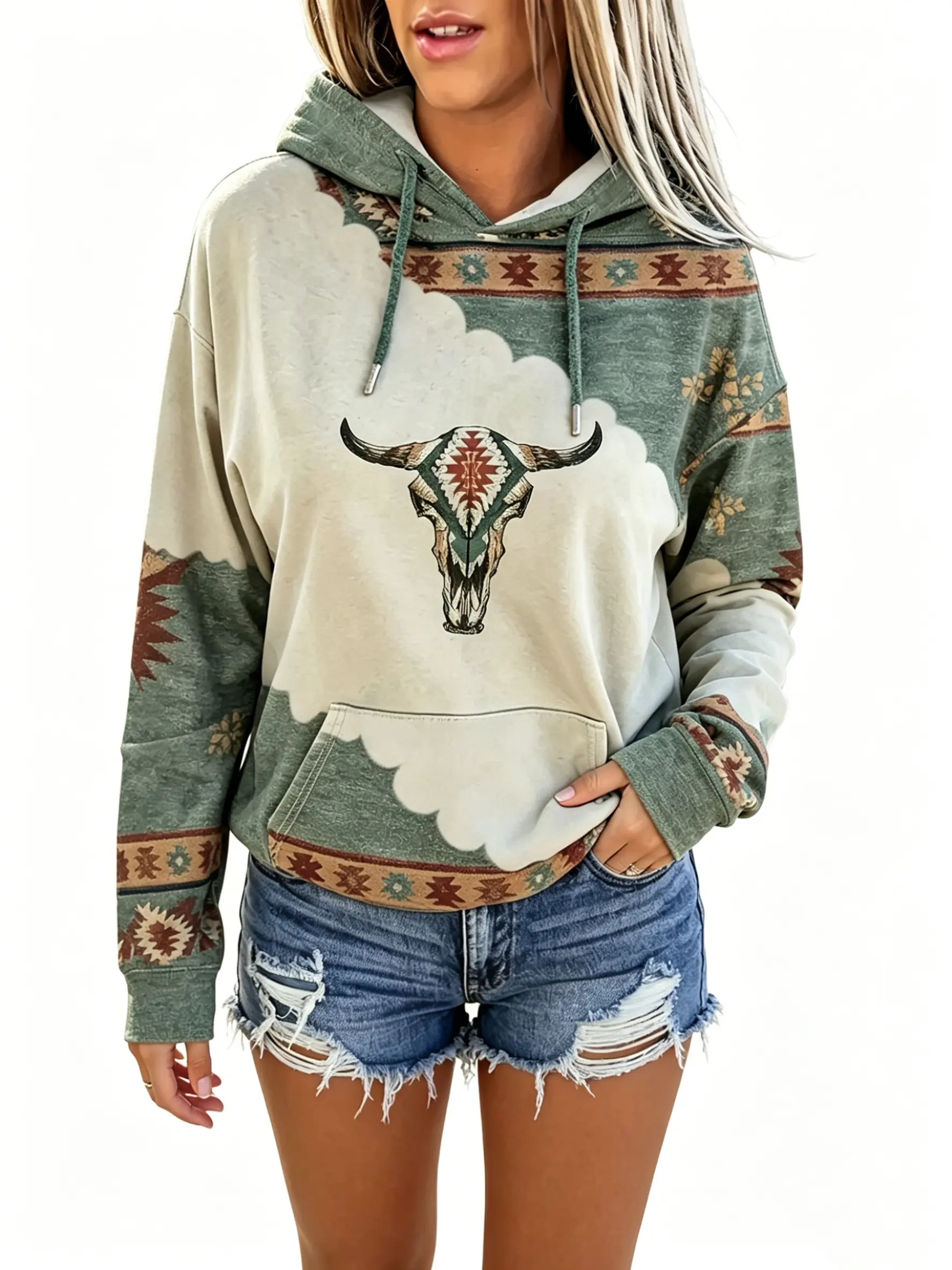 [Bohemian Hoodie] Women's Winter Hoodies Western Ethnic Hoodies,Highland Bull Head Print Pullover Hoodies Sweatshirts,Long Sleeve, Round Neck, Versatile Outerwear Top, Comfortable Casual Attire
