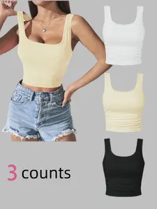 Classic Casual and Fashionable Versatile Square Neck Women's Vest Three-piece Set, Tops