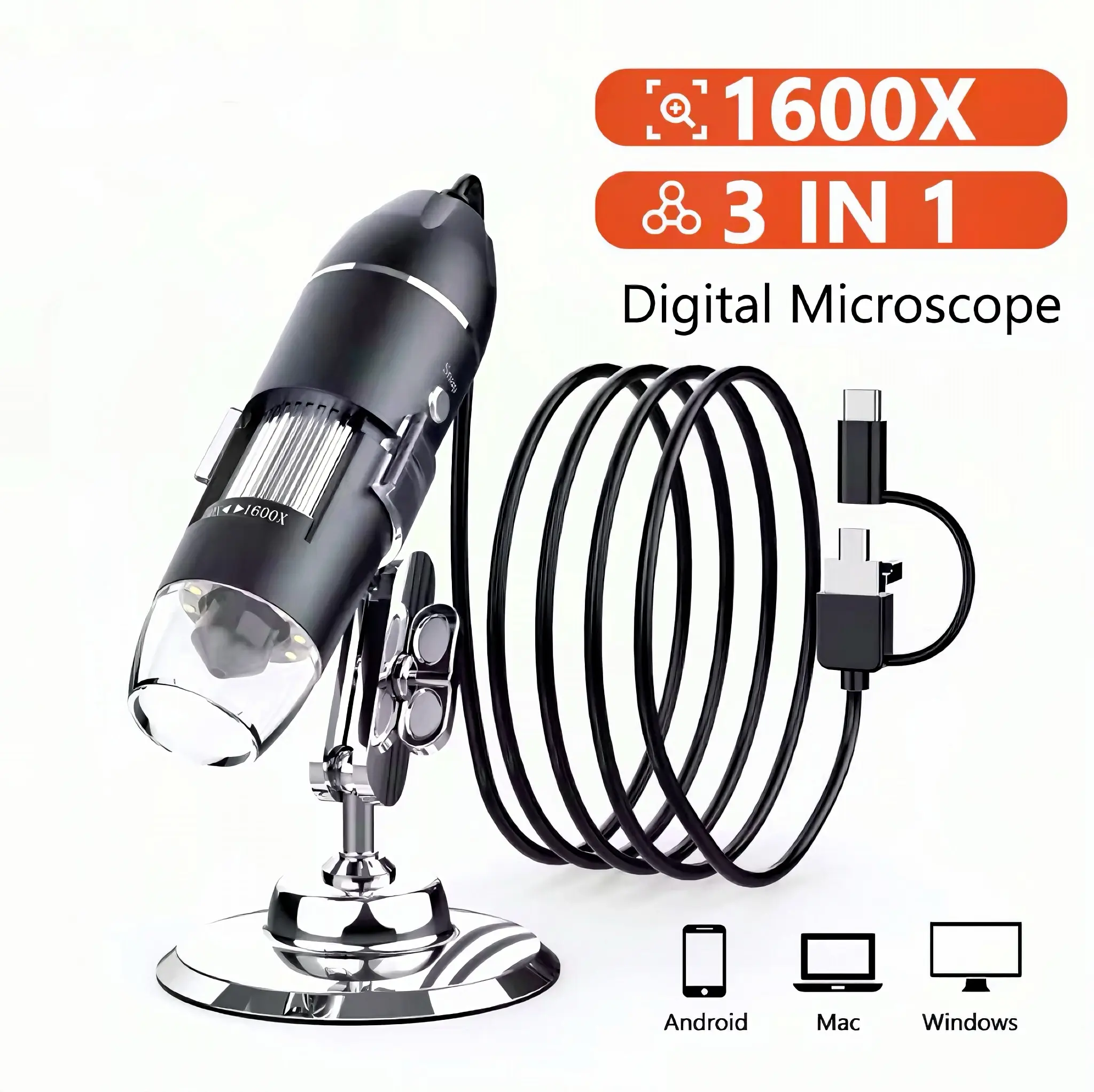 1600X Digital Microscope Set 3 in 1 Type C USB Professional Electron Microscope with 8 LEDs Metal Stand Endoscope Zoom Portable Camera Webcam