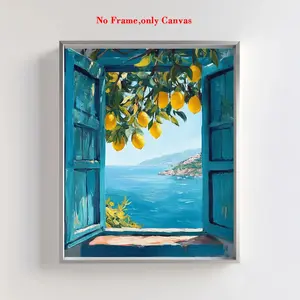 1pc, wall art, botanical poster, mediterranean window view print art, coastal lemon tree canvas painting, modern floral paintings, bedroom aesthetic, living room decor, apartment decor, housewarming gift, unframed, Canvas Prints