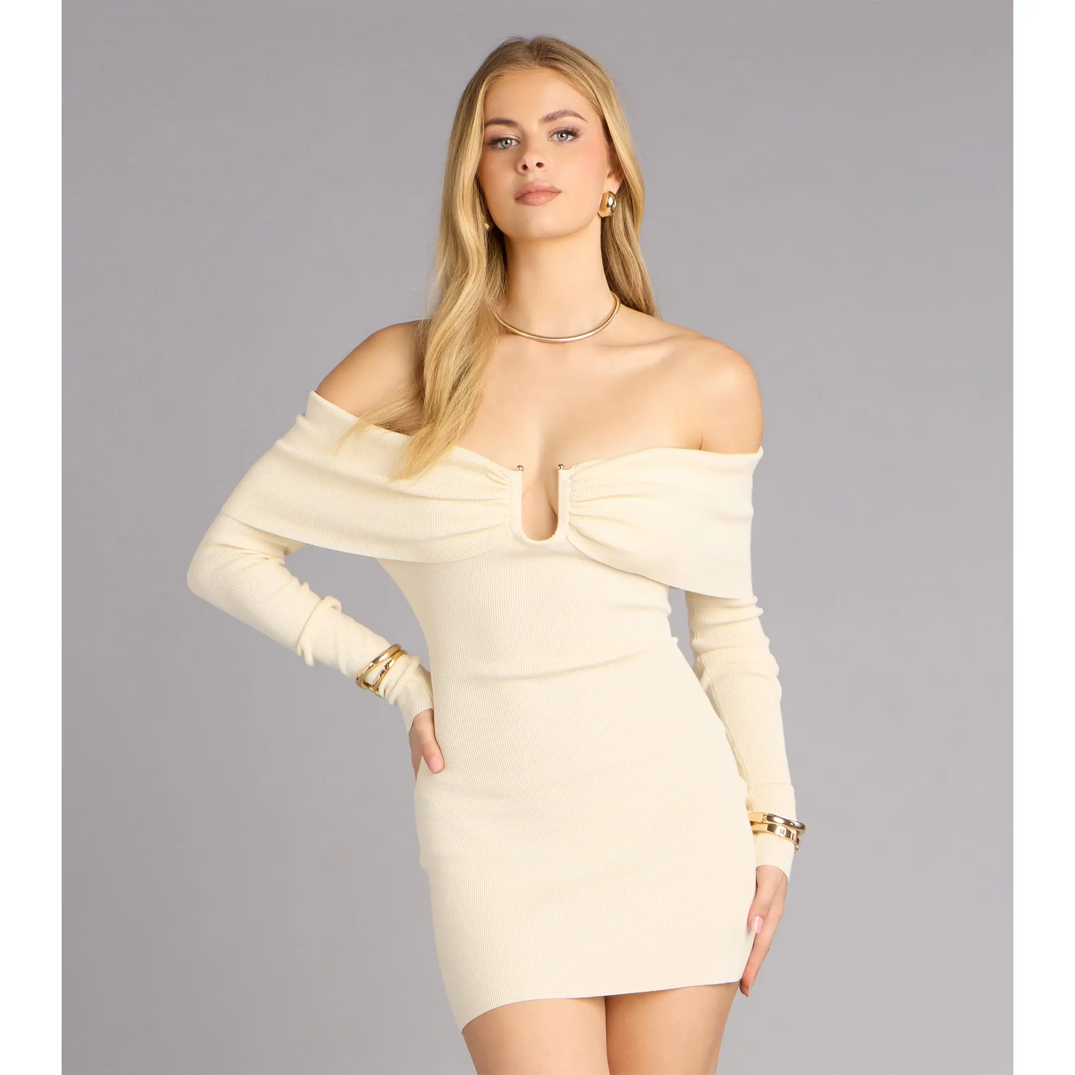 Lowkey Luxe Off Shoulder Hardware Sweater Dress
