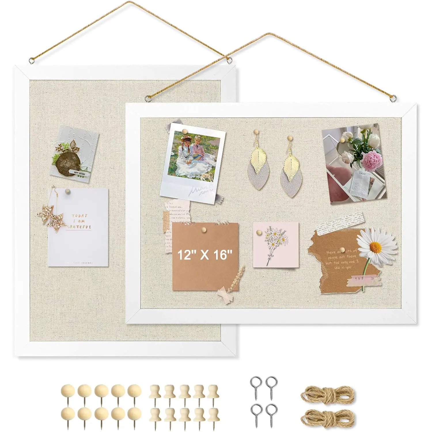 2-Pack Double-Sided Cork Board with Linen, Hanging Wood Framed Bulletin Board, Picture Display Vision Plank Kit Corkboards for Wall School Office Decor, 20 Pushpins