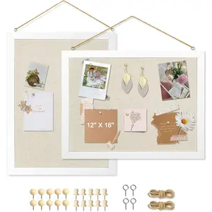 2-Pack Double-Sided Cork Board with Linen, Hanging Wood Framed Bulletin Board, Picture Display Vision Plank Kit Corkboards for Wall School Office Decor, 20 Pushpins