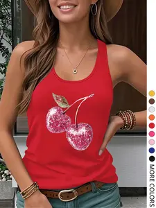 Women's Cherry Print Tank Top, Casual Sleeveless Top for Summer, Ladies Clothes for Daily Wear, Gamis