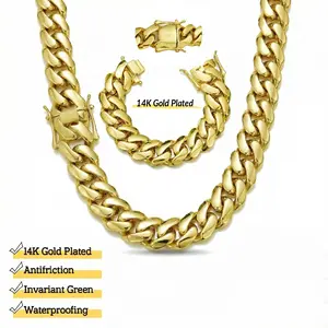 14K Gold Plated Heavy Mens Soild Cuban Link Chain Necklace and Bracelet Miami8/10/12/14/18/20/22MM Hip Hop Jewelry