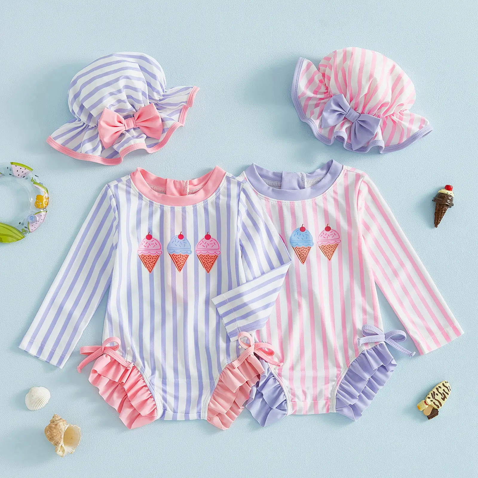 Female infant and baby 2-piece sweet and cute ice cream striped swimsuit set - long sleeved UV resistant and rash resistant swimsuit with sun hat (0-3T)