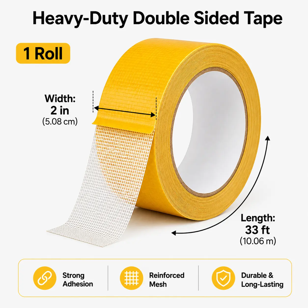 Heavy-Duty Acrylic Double-Sided Adhesive Tape Roll (2 in x 33 ft, 1 roll) - Waterproof, Removable, No Residue, Long Lasting, Ideal for Adhesive Installation on Clean, Dry, and Smooth Surfaces, Carpet, DIY Crafts, Long Lasting Adhesive