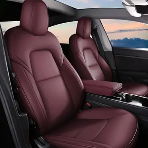 Full-Wrap Custom Fit Car Seat Covers & Cushions for Electric Vehicle Model Y 2020-2025 5-Seater, Wine Red Faux Leather Full-Set Auto Seat Protectors, Waterproof, Stain-Resistant, Stylish Car Interior Accessories with Installation Guide, Car Seats Covers f