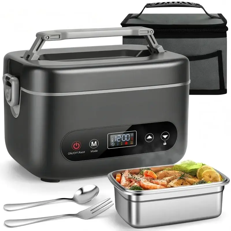 Cordless Heated Lunchbox - 1.2L Silicone & Steel Thermal Container, 20000mAh Rechargeable, Leakproof, 5-Sided Heating, Auto Temp Control, BPA-Free, Portable Meal Planning Tableware with Fork & Lid for Office-Camping
