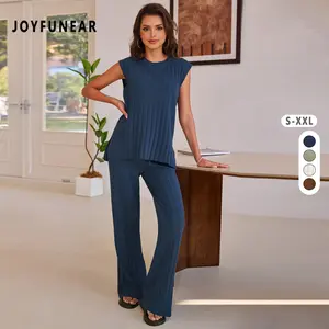 [US shipping]Joyfunear Solid Two-piece Knitted Sweater Set Summer Sleeveless Knitted Pullover Top High Waisted Casual Pants Set For Women 2025 New Arrival