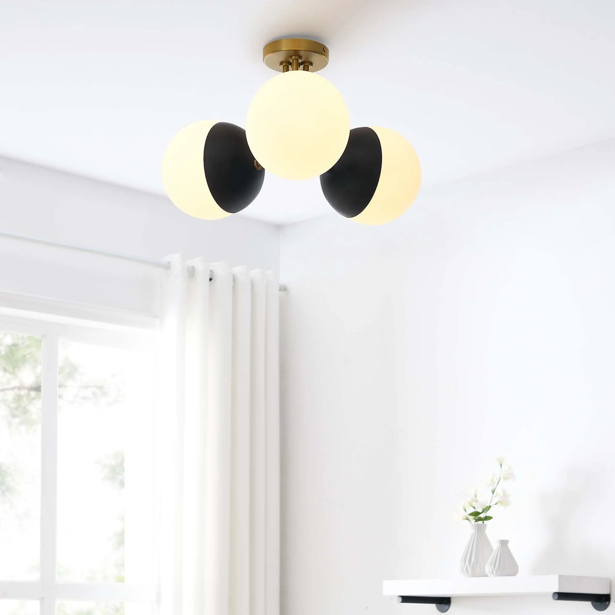 Modway Stellar 3-Light Semi-Flush Ceiling Light in Opal Satin Brass