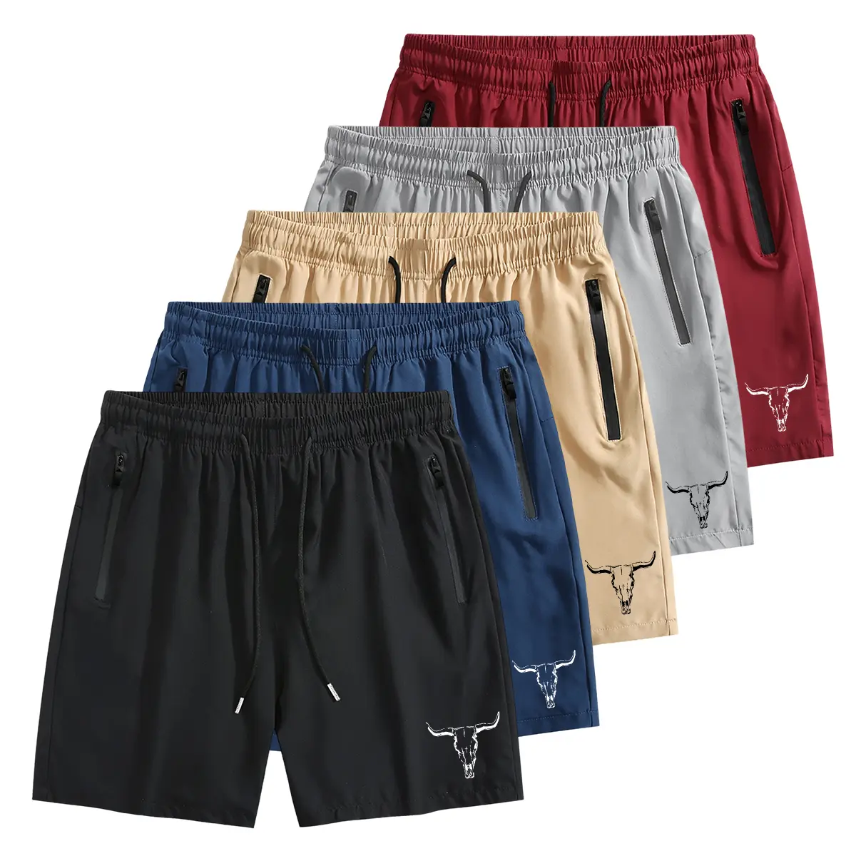 Desert Frontier Cowboy Core Mens Quick Dry Athletic Shorts with Hand-Drawn Longhorn Skull Graphic and Secure Zipper Pockets Drawstring Elastic Waist Breathable Sportswear for Western Style Outings and Ranch Adventures