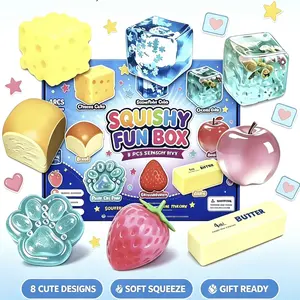 8 PCS Squishy Fidget Toys Set, Stress Relief Sensory Toy Pack with Cute Cheese, Clear Ice Cube & Food Shapes, Calming Desk Toys for Kids & Adults, Sensory Box Party Favors
