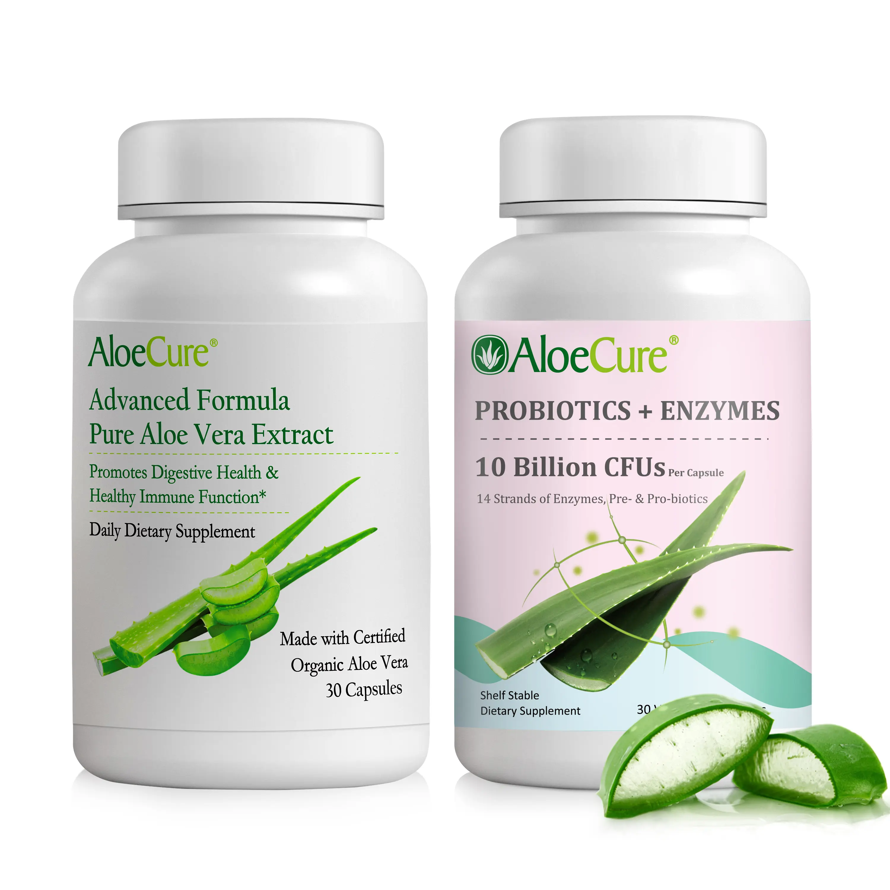 AloeCure 2-Piece Natural Organic Supplement Stack - Gluten-Free, Dairy-Free Aloe Vera Leaf & Gel Capsules (1 Btl x 30 Caps), Probiotics (1 Btl) with Digestive Enzymes for Balanced Digestive Support & Bloating Relief