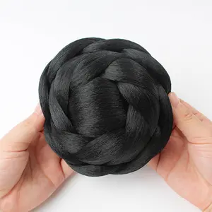 Elegant 6-Inch Black Braided Hair Bun Scrunchie - High-Temperature, Versatile Styling for All Women, Perfect for Bridal & Everyday Use-5SD4