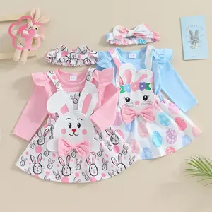 (95% Cotton) GCB Baby Girls Blue Romper Skirt & Headband Set Easter Rabbit Pattern Newborn Outfit for 0-18 Months Spring Clothes