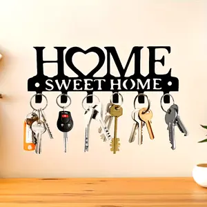 1 Pc Sweet Home Wall Mounted Metal Key Holder, Key Hook - Heart Shaped Design, Modern Black Finish, No Power Needed, Easy to Install for Entryway, Kitchen & Holiday Decor, Metal Craftsmanship, Stylish Organizer with Durable Surface, Space-Saving