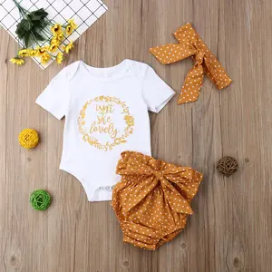 Toddler Infant Baby Girls 3Pcs Clothes Set Casual Letter Isn't She Lovely Print Romper Tops Shorts Headband Suits Outfits