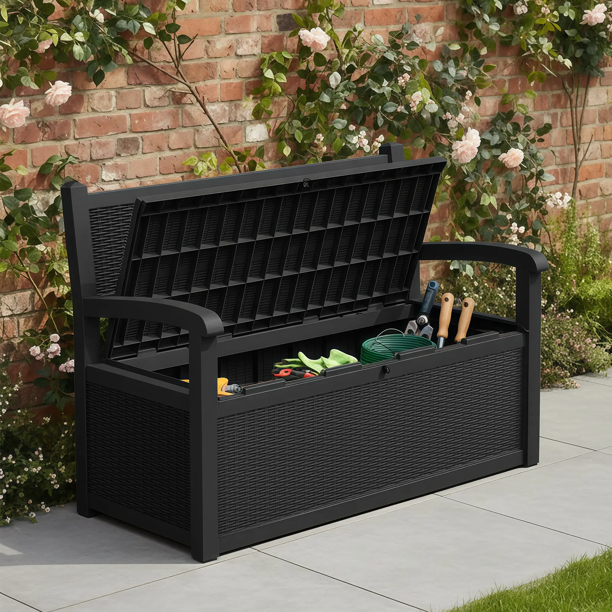 RIWENGO 70 Gal Weather-Proof Storage Bench Deck Box - Armrests, Locking Lid, Secure Locking System, Water-Resistant, Durable, for Home, Garage, Outdoor Furniture, Patio Organization, Parties
