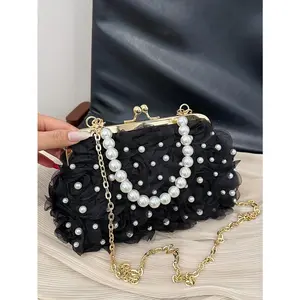 Compact Handbag for Women with Fluffy Tulle Floral Texture and Elegant Pearl Decoration, Featuring a Delicate Chain Shoulder Strap, Romantic Ruffled Design, and Exquisite Pearl Embellishments