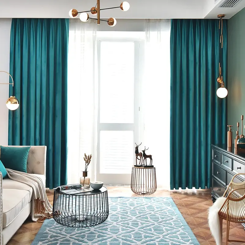 Modern Luxurious Lake Blue Velvet Curtains, High Light Blocking Fabric, Living Room Bedroom Hanging Curtains, Noise Reduction Insulation, Thermal Insulated Curtain